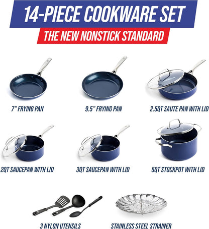 14 Piece Cookware Set, Diamond Infused PFAS & Pfoa-Free Ceramic Nonstick Pots and Pans, Durable, Non Toxic, Metal Utensil Safe & Scratch Resistant, Dishwasher & Oven Safe, Blue | Pfas-Free Diamond Infused Ceramic Nonstick, Metal Utensil Safe, Dishwasher & Oven Safe to 600F, Skillets, Sauce, Stockpot4