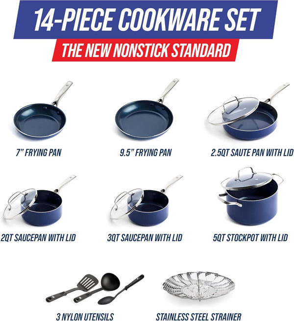 14 Piece Cookware Set, Diamond Infused PFAS & Pfoa-Free Ceramic Nonstick Pots and Pans, Durable, Non Toxic, Metal Utensil Safe & Scratch Resistant, Dishwasher & Oven Safe, Blue | Pfas-Free Diamond Infused Ceramic Nonstick, Metal Utensil Safe, Dishwasher & Oven Safe to 600F, Skillets, Sauce, Stockpot4