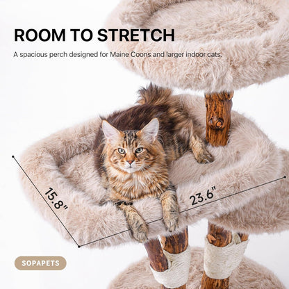Sopapets Maine Coon Cat Tree for Large Cats, Solid Wood Cat Tower with Removable Cushions and Sisal Scratching Posts, Modern Boho Aesthetic Cat Furniture2