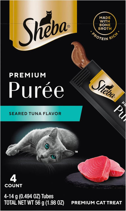 Sheba Premium Puree Lickable Cat Treats, Chicken, Salmon & Tuna, 48 Count | Grain-Free, Real Meat, No Corn/Wheat/Soy, Creamy Texture, Protein-Rich, Single-Serve Squeezable Tubes, 0.49 Oz. Tubes12
