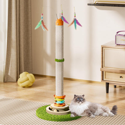 YARUOMY Tall Cat Scratching Post，40'' Cat Scratcher Tree Cat Toys for Indoor Cats with Cat Toys 4-Tier Roller Track，Automatically Rotating Cat Teaser Wand，Hanging Balls for Kittens Adults Cats1