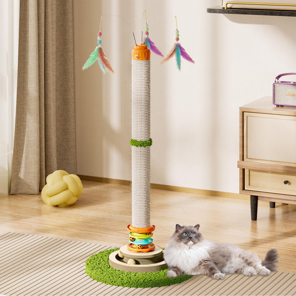 YARUOMY Tall Cat Scratching Post，40'' Cat Scratcher Tree Cat Toys for Indoor Cats with Cat Toys 4-Tier Roller Track，Automatically Rotating Cat Teaser Wand，Hanging Balls for Kittens Adults Cats1