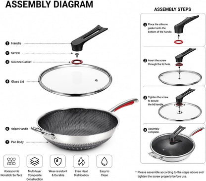 12.6-Inch Stainless Steel Wok Pan with Glass Lid - Tri-Ply Nonstick Wok & Stir-Fry Pan, PFOA Free Uncoated Cookware for All Cooktops, Induction Compatible, Flat Bottom2