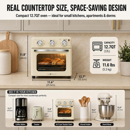 6-In-1 Retro Air Fryer Toaster Oven Combo, Compact 12.7 QT Small Countertop Convection Oven, Fits 9" Pizza & 4 Toast, Hexagon Hybrid Heating, Enamel Baking Pan Included, Almond Yellow Color3