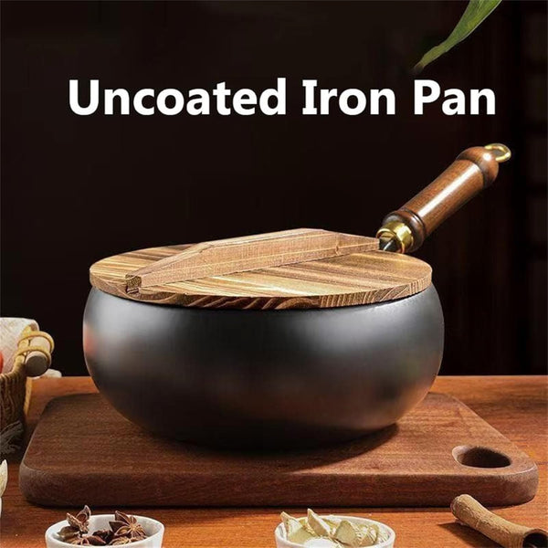 Japanese Hand-Forged Non-Stick Iron Pan without Coating Durable and Rust-Free, round Bottom Wok with Wooden Lid Lid for Cooker Gas Stir Fry Pans round Bottom (Type A,11Inch)2
