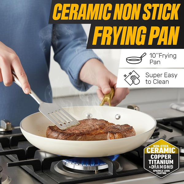 15 Pc Pots and Pans Set Non Stick Ceramic Cookware Set | Utensils Set Included, Non Toxic PFOA/PFOS/PTFE Free, Stay Cool Stainless Steel Handles, Dishwasher & Oven Safe, Cream3
