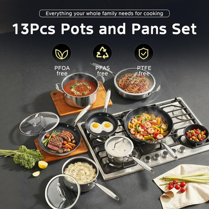 13Pcs Nonstick Pots and Pans Set Stainless Steel Cookware Sets | Hybrid Titanium Non Stick Frying Pans, Saucepans, Saute Pan & Stock Pot, PFOA Free Kitchen Skillet, Induction Compatible2