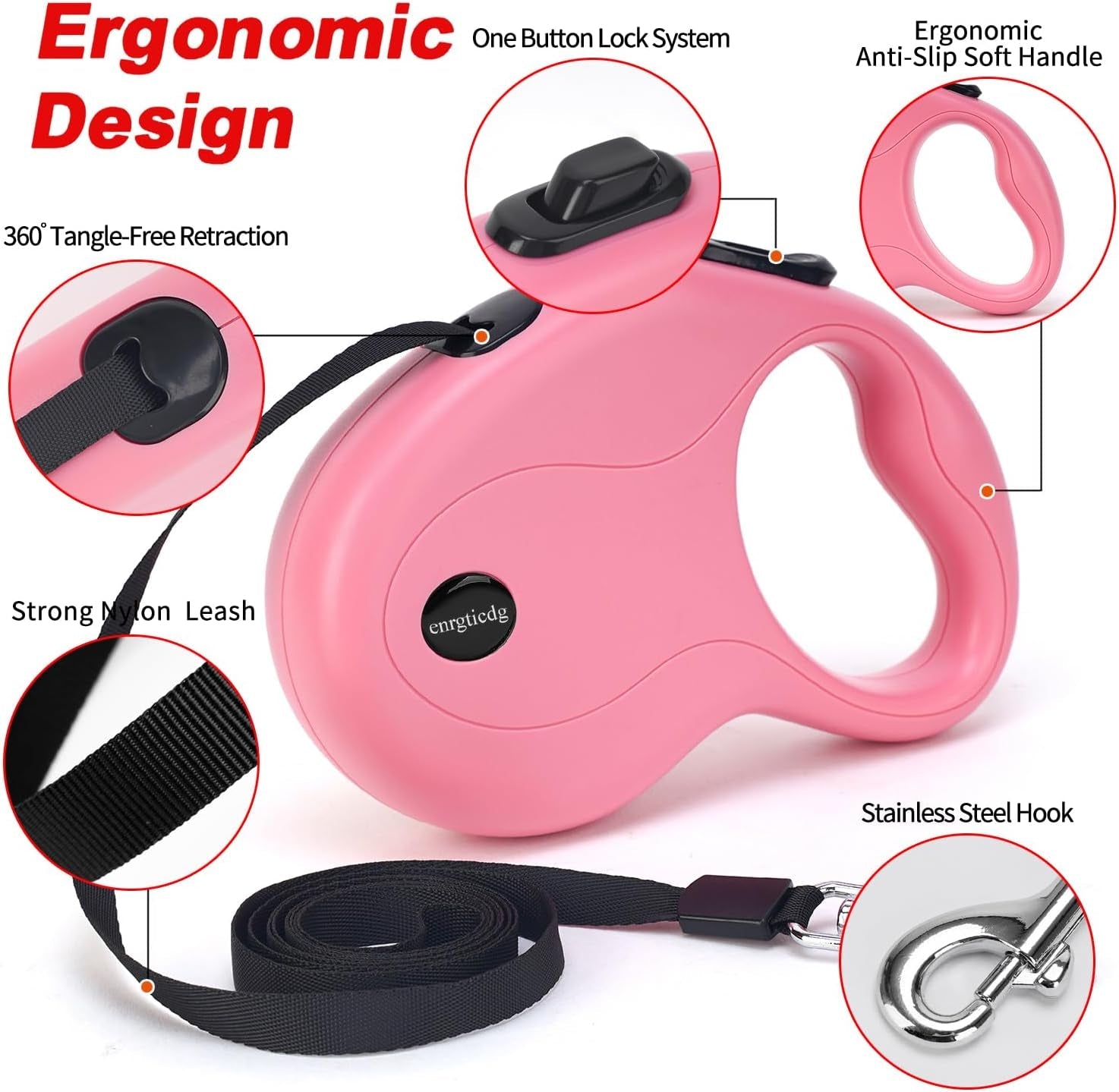 enrgticdg-16ft-retractable-dog-leash-light-weight-leash-for-small-to-medium-dogs-cats-up-to-50lbs-stainless-steel-spring-strong-nylon-tape-tangle-free-one-handed-brake-pink-black