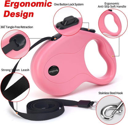 Enrgticdg 16Ft Retractable Dog Leash,Light Weight Leash for Small to Medium Dogs/Cats up to 50Lbs,Stainless Steel Spring Strong Nylon Tape, Tangle Free, One-Handed Brake.(Pink-Black)4