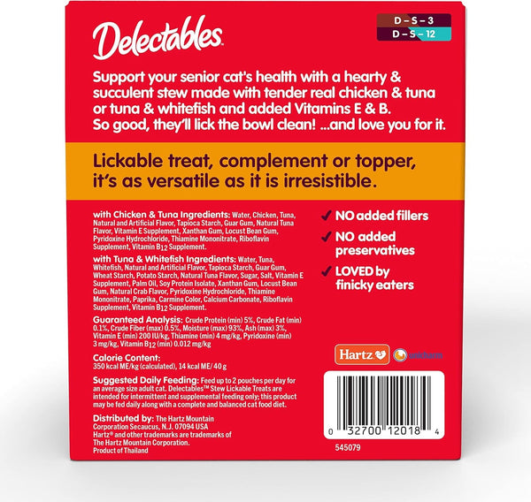 Delectables Lickable Treat Stew Senior 10+ Wet Cat Treat with Real Chicken, Food Topper, Hydrating, Grain-Free, No Fillers, No By-Products, No Added Preservatives, 1.4Oz Pouch, 12Ct8