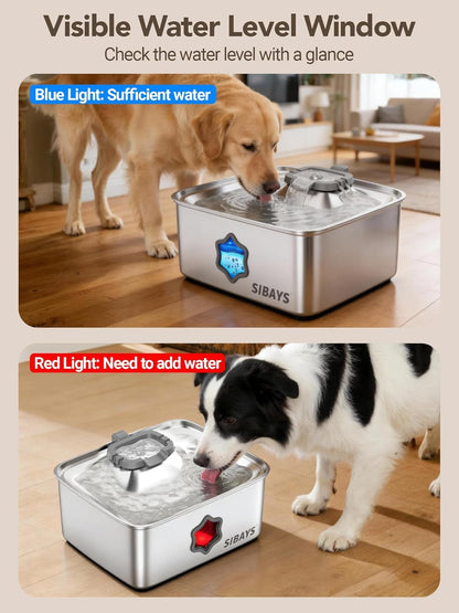 SIBAYS 4Gal/15L Dog Water Fountain, Stainless Steel Pet Water Fountain with Water Level Window & LED Light, Quiet Automatic Dog Water Bowl Dispenser for Large Dogs & Multi-Pet, Easy to Clean FS816