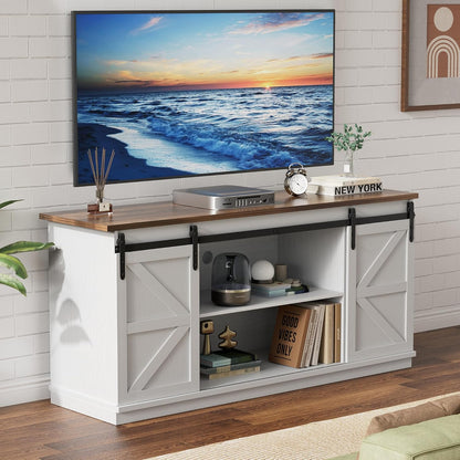58" Farmhouse TV Stand for Tvs up to 65", Sliding Barn Doors, White | Entertainment Center, Storage Cabinets, Media Console for Living Room and Bedroom1