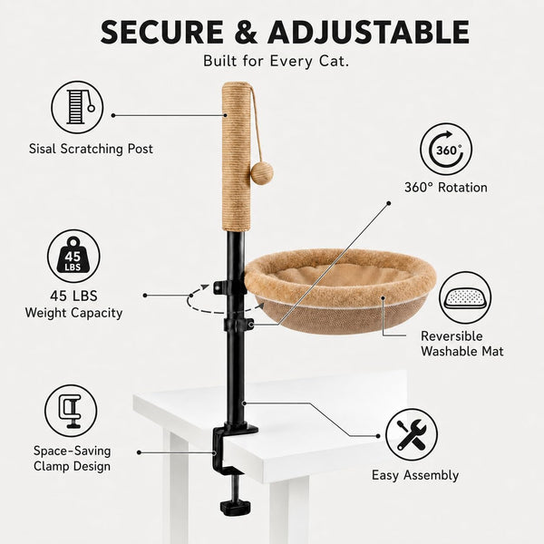 Cat Desk Bed with Scratching Post Clamp on 360 Rotating Camel | Adjustable Height, Reversible Machine Washable Cover, Alloy Steel Frame, Space Saving Perch, Supports Cats up to 45 Pounds3