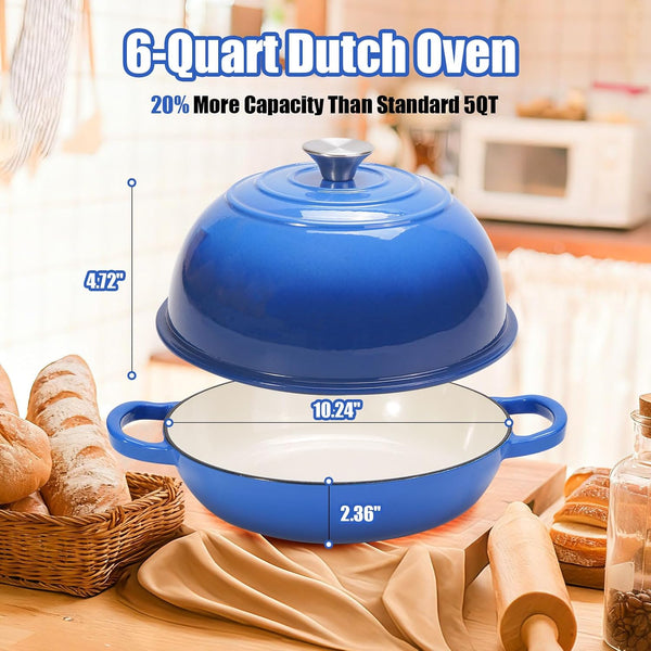 6QT Enameled Cast Iron Dutch Oven for Bread Baking – Sourdough Starter Kit with Cotton Basket, Bread Sling, Lame, Brush & Handle Cover – Multi-Purpose Pot for Baking, Frying, Braising – Blue2