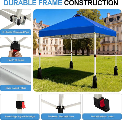 10X10 Pop up Canopy Tent, 1-Button Push Setup Canopy Tent, Adjustable Height Instant Portable Shelter, Portable Roller Bag, Easy Outdoor Sun Shade for Events, 4 Weight Bags, Blue3