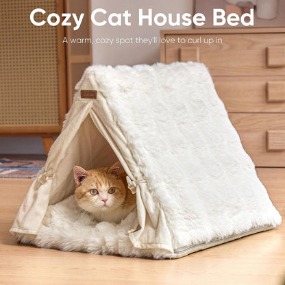 FUKUMARU Cat Cave Bed, Sturdy Frame Washable Cat Tent Bed with Curtain | Semi-Enclosed Cat Hideaway for Anxious Cats, Large Cozy Cat House for Indoor Cats, Soft Plush Covered Dog Bed, Cream7