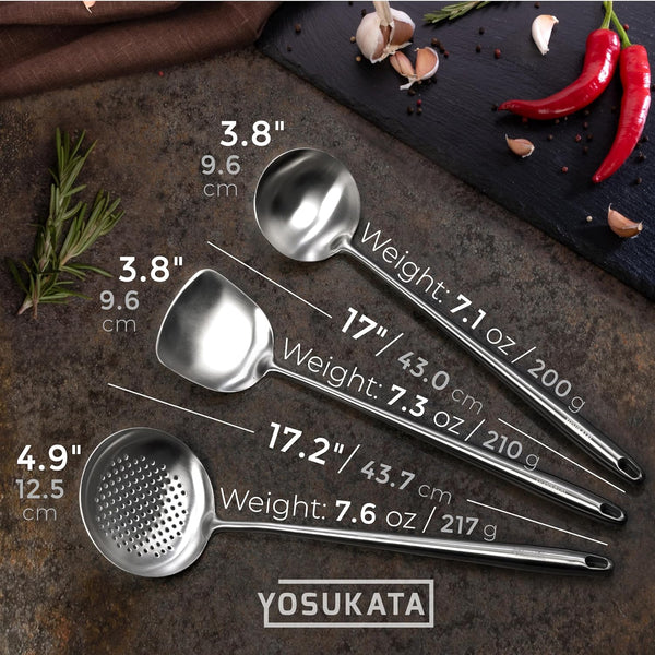 Carbon Steel Wok Pan – 13,5 “ Stir Fry Pans plus 17" Wok Spatula and Ladle Skimmer Spoon - Stainless Steel Cooking Utensils Set8