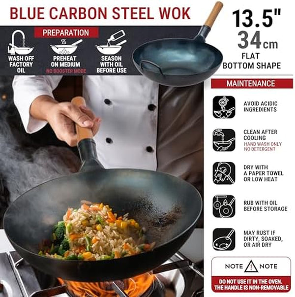 Flat Bottom Wok Pan - 13.5" Blue Carbon Steel Wok + 17’’ Spatula and Ladle - Set of 2 Heat-Resistant Tools + Wok Lid 12.8 Inch3