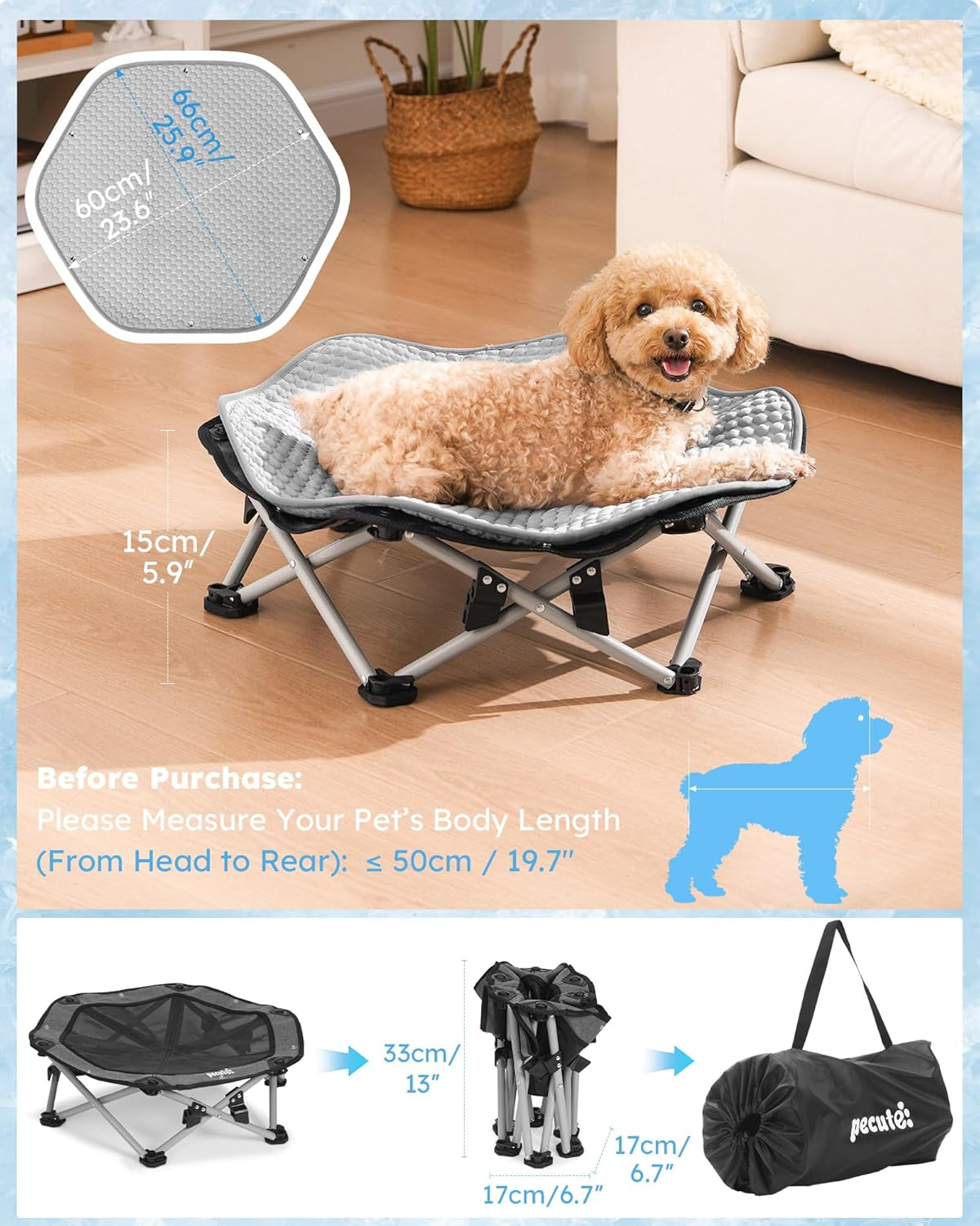 pecute-raised-dog-bed-with-cooling-mat-elevated-pet-cot-for-small-dogs-m-breathable-textilene-mesh-outdoor-camping-beach-steel-frame-130-lbs-heavy-duty-support-tool-free-3-second-quick-assembly