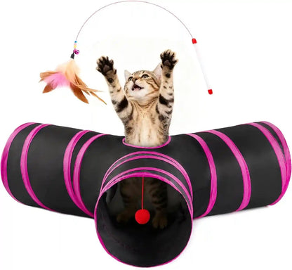 Love’S Cabin Cat Tunnel for Indoor Cats, 3-Way Collapsible Play Tunnel with Teaser Wand, Peek Holes & Toy Ball, Small Pet Toy for Kittens & Rabbits, Black & Blue, Small Size17