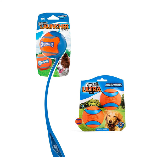 Chuckit! Ultra Ball & Launcher Bundle - Sport 18" with 2 Pack Medium (2.5") Bouncy Fetch Balls for Dogs 20-60 Lbs, Dog Fetch Ball Thrower2