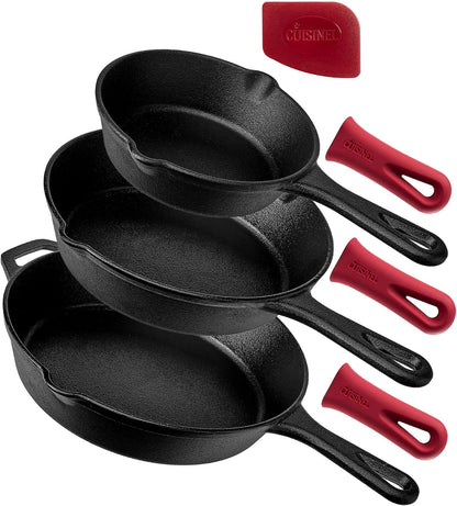 Cast Iron Skillets Set - 3-Piece: 6" + 8" + 10"-Inch Chef Frying Pans - Pre-Seasoned Cookware + 3 Silicone Handle Cover Grips - Use Indoor/Outdoor, Grill, Stove, BBQ, Fire, Oven1