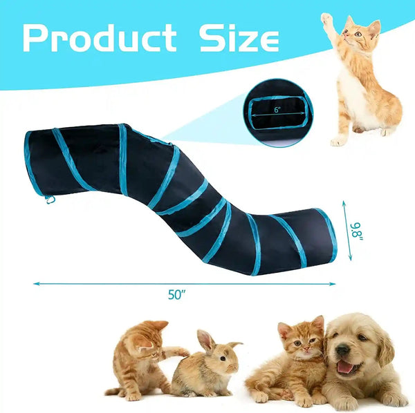 Sheldamy Cat Tunnel, S-2-Way Cat Tunnels for Indoor Cats, Collapsible Cat Play Tunnel, Interactive Toy Maze Cat House with 1 Play Ball for Cats, Puppy, Kitty, Kitten, Rabbit (Blue & Black)2