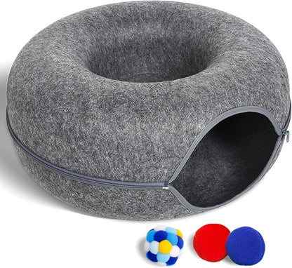 Large Cat Tunnel Bed for Indoor Cats with 3 Toys, Scratch Resistant Donut Cat Bed, up to 30 Lbs (L 24X24X11, Dark Grey)1
