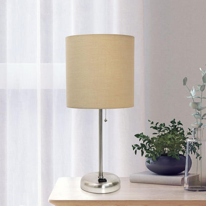 Oslo 19.5" Contemporary Bedside Power Outlet Base Standard Metal Table Desk Lamp in Brushed Steel with Tan Drum Fabric Shade4