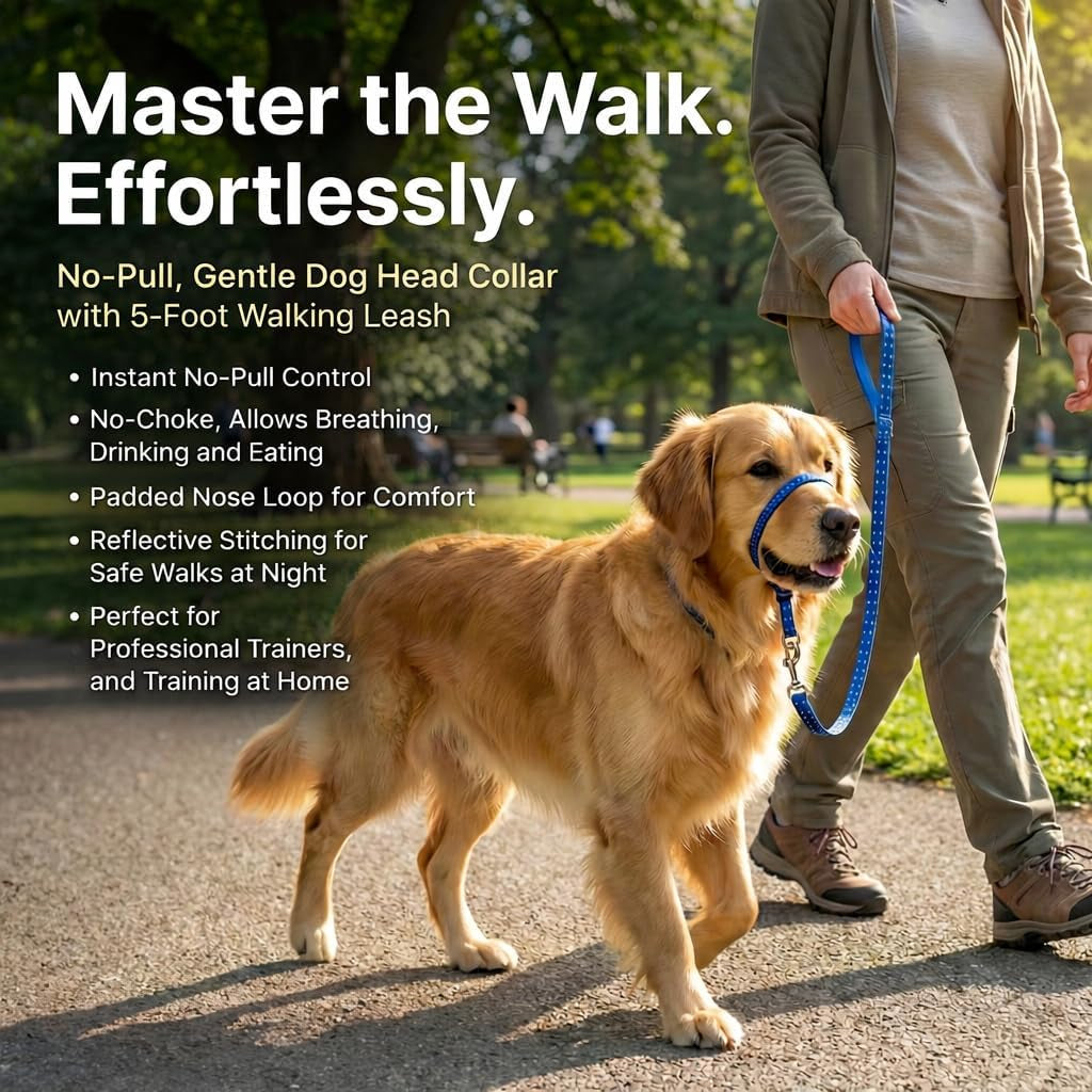 headcollar-for-dogs-extra-soft-padded-reflective-no-pull-dog-collar-gentle-leader-for-dogs-with-durable-nylon-leash-padded-handle-navy-blue-large