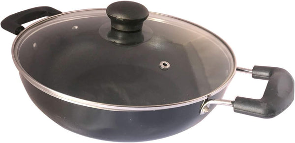 Kadai with Glass Lid All Purpose Pan Nonstick Coating Kadhai Deep Stir Fry for Gas and Induction Cooktop Aluminium Skillet Wok (3Mm) 2.2 Ltr Diameter 9.5 Inch1
