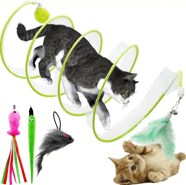 Self Play Cat Hunting Spiral Tunnel Toy, Folded Cat Spring Tunnel Toys for Indoor Cats (Green)1