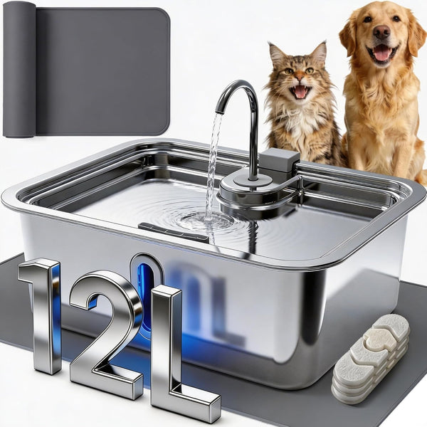 12L/3.17Gal Dog Water Fountain with Silicone Mat & 3 Filters, Stainless Steel Multi Pet Water Dispenser, Quiet Automatic Dog Water Bowl Dispenser with Visible Window & Alert Light for Large Dogs Cats1