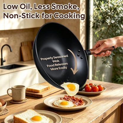 13'' Carbon Steel Wok, 12 Piece Wok Pan & Stir-Fry Pans Set with Lid | No Chemical Coated Flat Bottom Chinese Wok Pan4