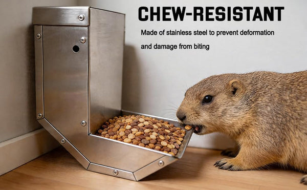 Rabbit Feeder - Small Animal Stainless Steel Gravity Feeding Trough with Lid, Outdoor Durable Cage Feeder Holds Several Days' Food (4 Inch/1.5Lbs)4