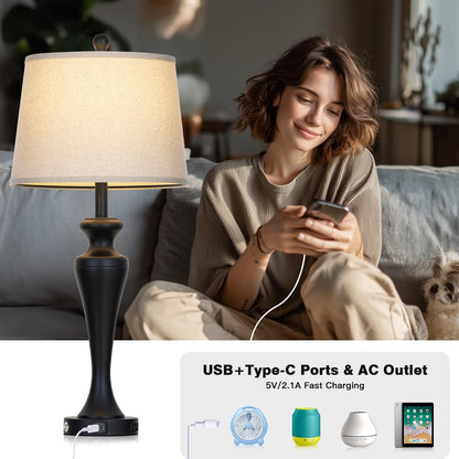 30 Inch Black Table Lamp Single, 3-Way Dimmable Touch Control Living Room Lamps with USB A+C Ports and AC Outlet, Tall Bedside Lamps for Nightstand, Modern Metal Bedroom Lamp, Bulb Included3