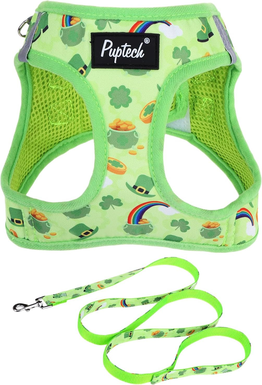 pupteck-dog-harness-and-leash-set-for-small-medium-dogs-no-pull-step-in-soft-mesh-puppy-cat-vest-harnesses-reflective-at-night-green-s