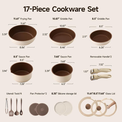 17-Piece RV Pots and Pans Set with Detachable Handle for Camper | Stackable RV Cookware, Induction & Oven Safe, Nonstick Ceramic Brown Interior, Dishwasher Friendly, PFOS & PFOA Free2