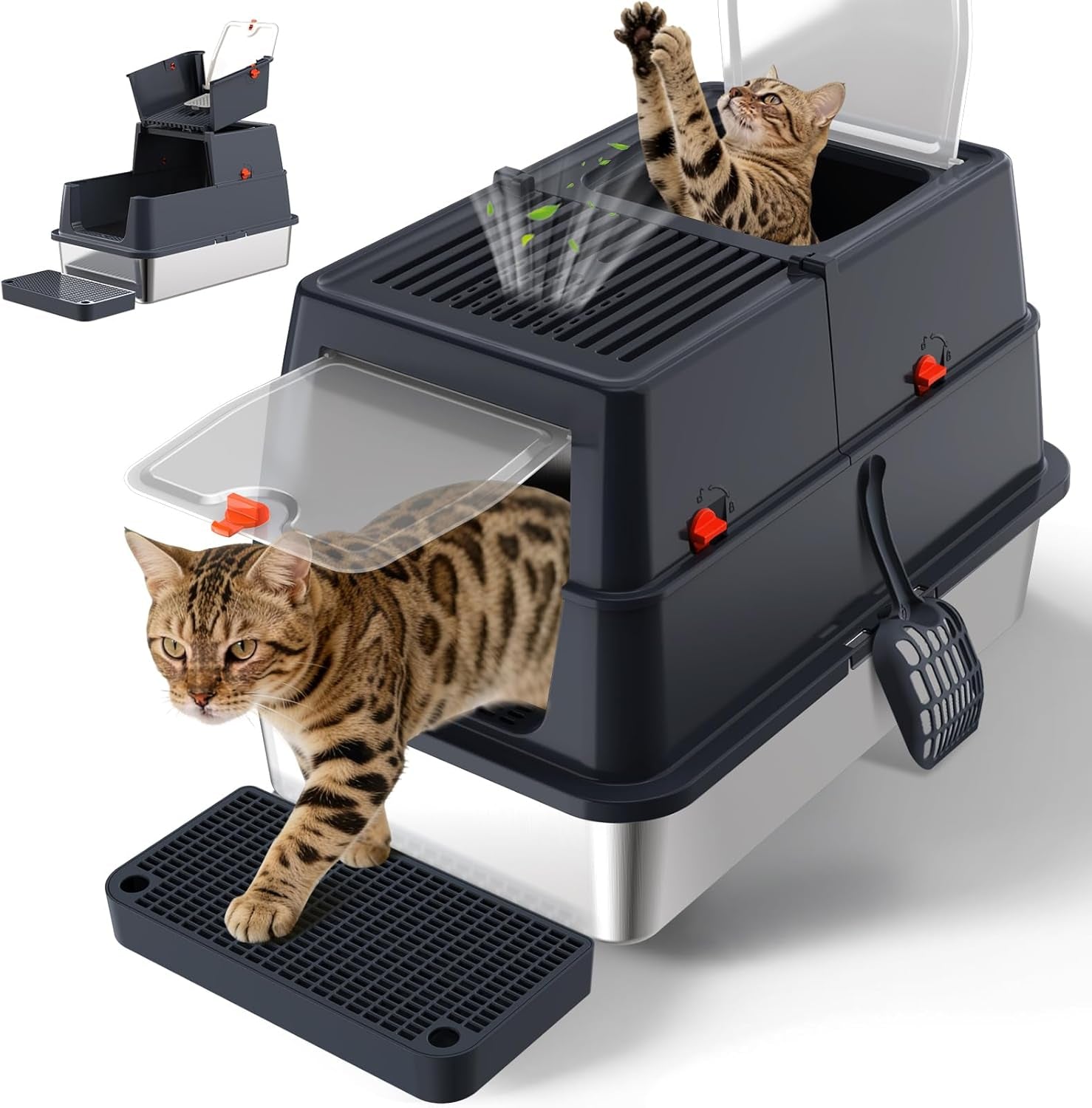 stainless-steel-litter-box-with-lid-enclosed-metal-litter-box-extra-large-kitty-litter-pan-covered-with-scoop-pedal-odor-control-odor-free-front-flip-top-entry-black
