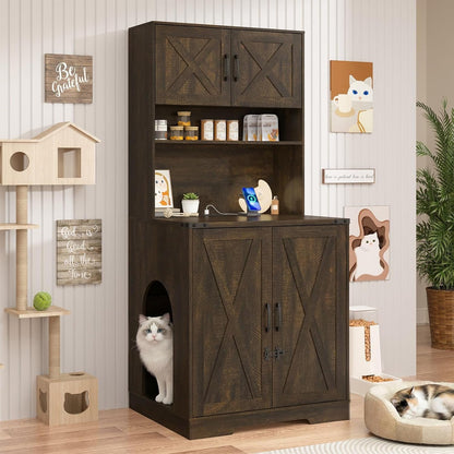 59.1" Cat Litter Box Enclosure for 2 Cats, Hidden Litter Box Furniture with Power Outlet & Removable Hallway, Lockable Door & Anti-Tip Design, Farmhouse Litter Box Cabinet with Magnetic Door, White12