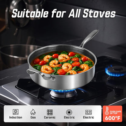 Frying Pans Nonstick Wih Lid, Non Stick Tri-Ply Stainless Steel Saute Pan, 8 Quarts Large Sauté Pan, 13.5 Inch Induction Cooking Pan, Dishwasher and Oven Safe, PFOA Free3