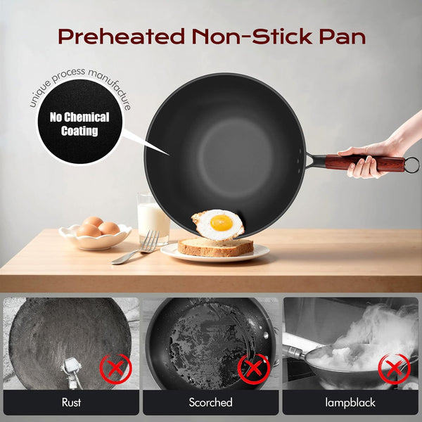 Carbon Steel Wok Pan, Natural Non-Stick Woks & Induction Wok with Removable Wood Handle, Glass Lid & Spatula - for All Stovetops, Stir-Fry, Searing2
