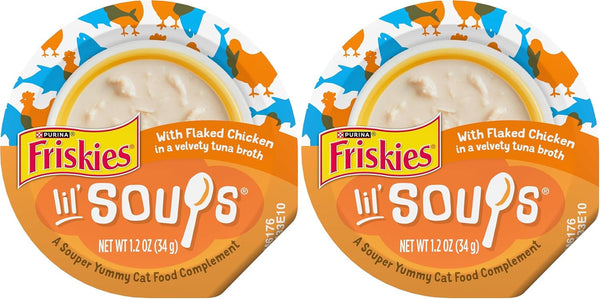 Friskies Purina Natural,Grain Free Wet Cat Food Lickable Cat Treats,Lil' Soups Flaked Chicken - 1.2 Oz. Tubs,(Pack of 16)1