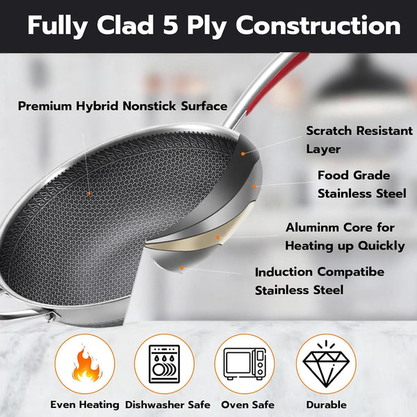 12.6-Inch Stainless Steel Wok Pan with Glass Lid - Tri-Ply Nonstick Wok & Stir-Fry Pan, PFOA Free Uncoated Cookware for All Cooktops, Induction Compatible, Flat Bottom5