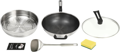 Stainless Steel Wok Pan Stir-Fry Wok Non Stick Frying Pan Honeycomb Skillet with Handle Lid for Gas Stove, Induction Cooker Ceramic Stove, Silver Black (13In-With Steamer Basket)9