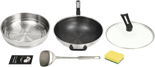 Stainless Steel Wok Pan Stir-Fry Wok Non Stick Frying Pan Honeycomb Skillet with Handle Lid for Gas Stove, Induction Cooker Ceramic Stove, Silver Black (13In-With Steamer Basket)9