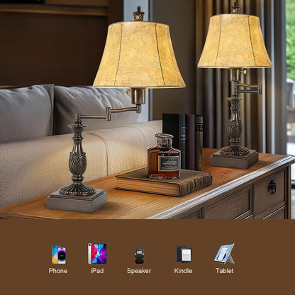 Swing Arm Table Lamp Set of 2 with USB Ports for Living Room | Traditional 350° Adjustable Arm, 23.5" Tall Nightstand Lamp, Brown Finish & Faux Leather Shade, Decor for Bedroom Office3