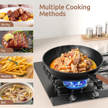 13 Inch Wok with Glass Lid & Silicone Spatula, Naturally Non‑Stick | Pre‑Seasoned 5.6 Quart Carbon Steel Woks & Stir-Fry Pans with Flat‑Bottom, PFOA & Ptfe‑Free Chinese Cookware for All Cooktops5