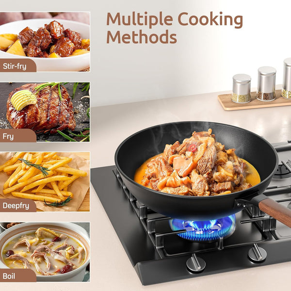 13 Inch Wok with Glass Lid & Silicone Spatula, Naturally Non‑Stick | Pre‑Seasoned 5.6 Quart Carbon Steel Woks & Stir-Fry Pans with Flat‑Bottom, PFOA & Ptfe‑Free Chinese Cookware for All Cooktops5