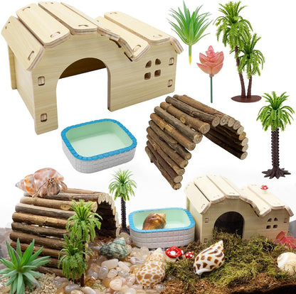 Hermit Crab Kit Hideout Water Pool Tank Decorative Accessories with Palm Tree Decorations Enrichment Toy for Turtles Lizard Frog Gecko Chameleons1